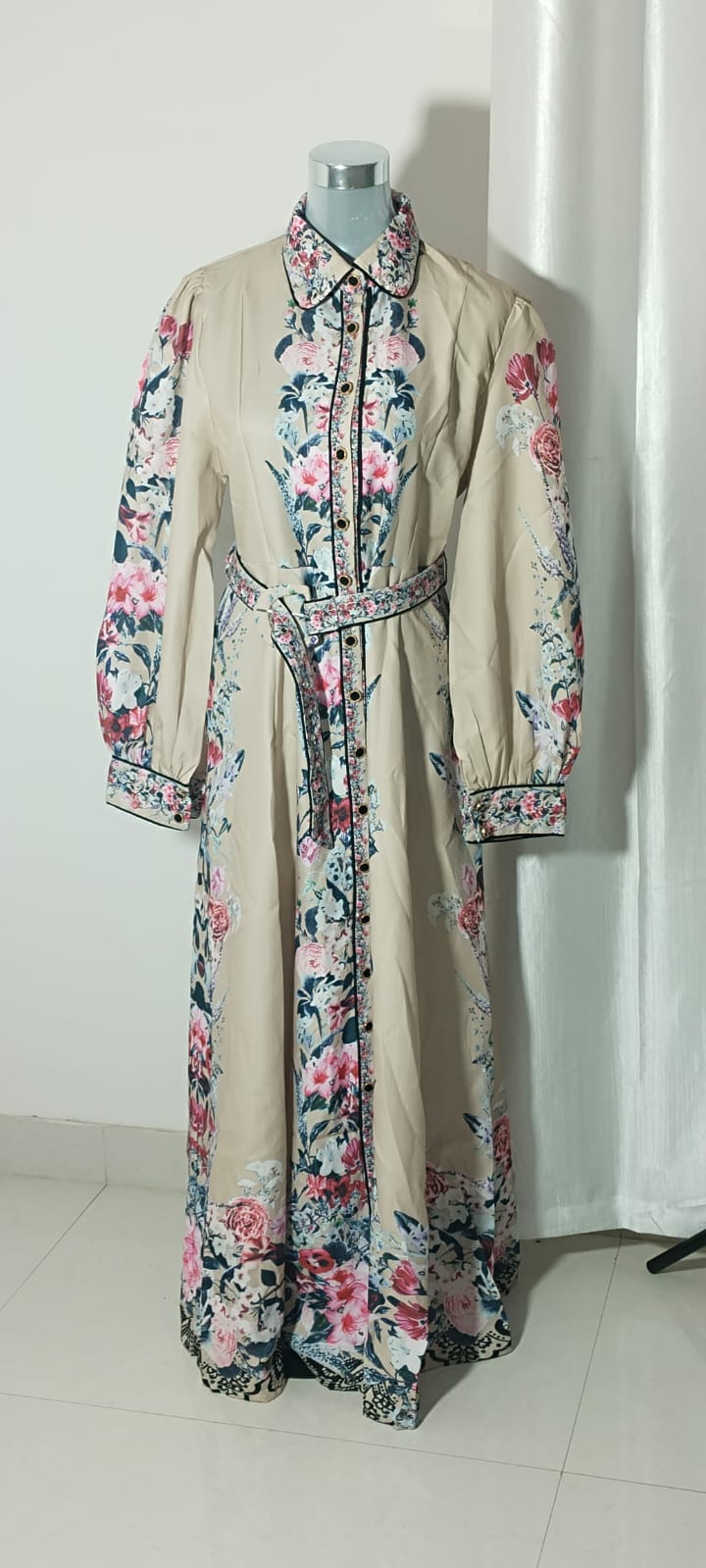 Beige Floral Printed Button-Down Maxi Dress for Women | Elegant Long Shirt Dress
